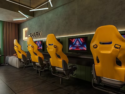 Modern Hotel Guest Room With Yellow Seats And TV Screens In Lounge Area 3d model