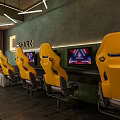 Modern Hotel Guest Room With Yellow Seats And TV Screens In Lounge Area