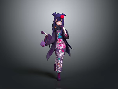 Woman Wearing Traditional Japanese Kimono with Purple Hair Red Accessory and Floral Patterns 3d model