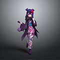 Woman Wearing Traditional Japanese Kimono with Purple Hair Red Accessory and Floral Patterns