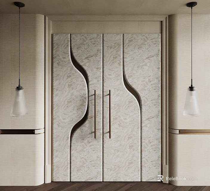 Elegant Double Doors With Curved Patterns Textured Design And Pendant Lights 3d model 