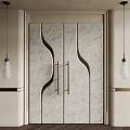 Elegant Double Doors With Curved Patterns Textured Design And Pendant Lights