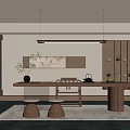 Minimalist Wooden Tea Room With Tea Table Stools Decorative Painting And Hanging Lights