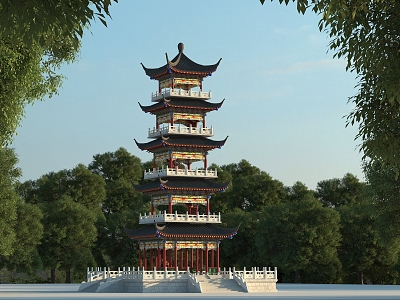 Chinese Tower Five-storey Four-corner Viewing Tower 3d model