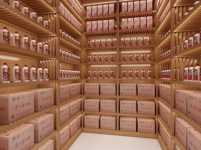 Wine Cellar Storage With Rows Of Wine Bottles And Boxes On Wooden Shelves 3d model