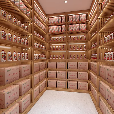 Wine Cellar Storage With Rows Of Wine Bottles And Boxes On Wooden Shelves 3d model