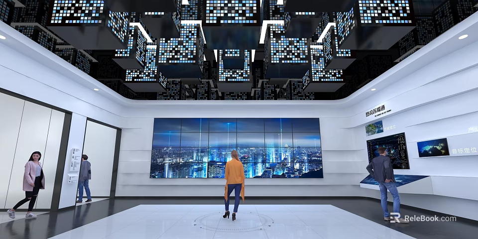 Digital Experience Hall Featuring Ceiling Display Modules Large Screen Cityscape And Person In Circle 3d model 