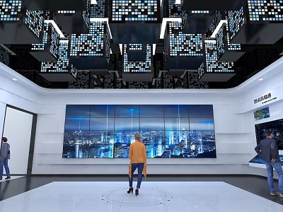 Digital Experience Hall Featuring Ceiling Display Modules Large Screen Cityscape And Person In Circle 3d model
