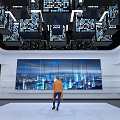 Digital Experience Hall Featuring Ceiling Display Modules Large Screen Cityscape And Person In Circle 3d model