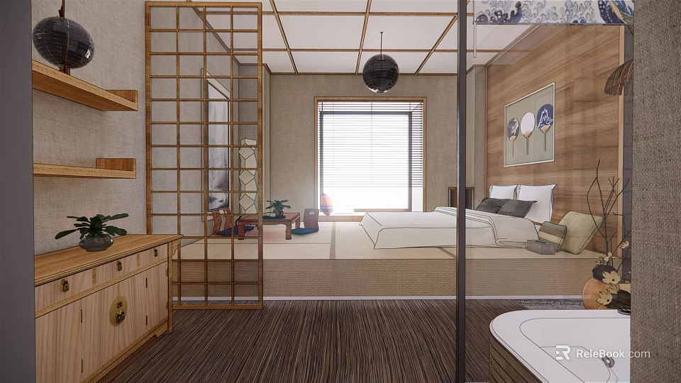 Modern Hotel Room Interior With Wooden Partition Large Bed Bathtub Wooden Furniture and Window Blinds 3d model 