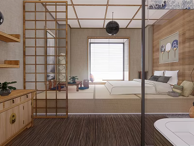 Modern Hotel Room Interior With Wooden Partition Large Bed Bathtub Wooden Furniture and Window Blinds 3d model