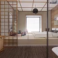 Modern Hotel Room Interior With Wooden Partition Large Bed Bathtub Wooden Furniture and Window Blinds