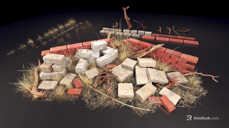 Arrangement Of Red And Gray Bricks With Dry Hay And Twigs 3d model 