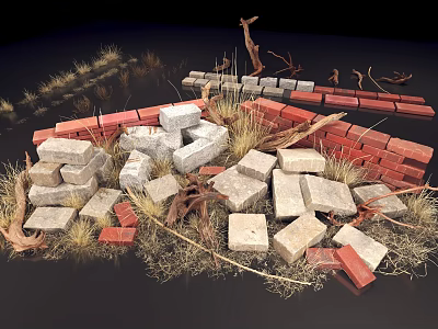 Arrangement Of Red And Gray Bricks With Dry Hay And Twigs 3d model
