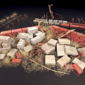 Arrangement Of Red And Gray Bricks With Dry Hay And Twigs