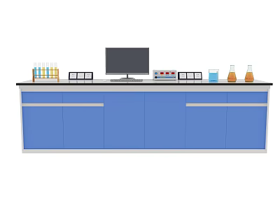 Functional Laboratory Table with Blue Cabinets Computer Monitor Test Tube Rack and Beakers 3d model