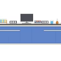 Functional Laboratory Table with Blue Cabinets Computer Monitor Test Tube Rack and Beakers