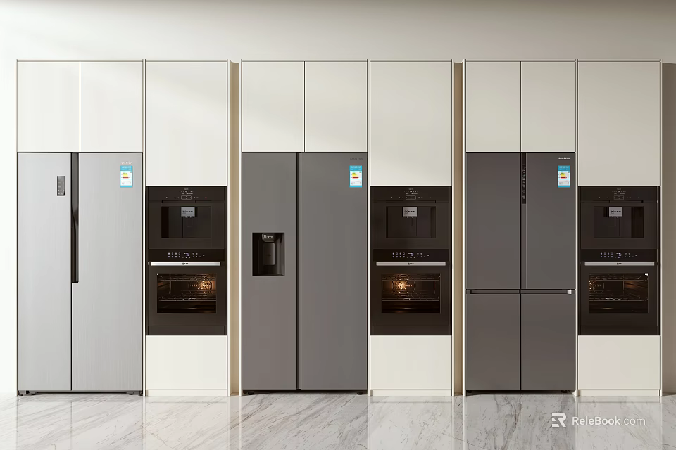 Modern Kitchen Interior Featuring Stainless Steel Refrigerators And Built in Freezers 3d model 
