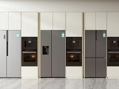 Modern Kitchen Interior Featuring Stainless Steel Refrigerators And Built in Freezers 3d model