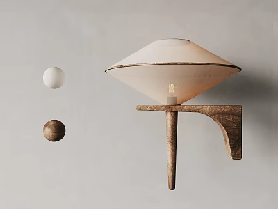 Minimalist Modern Wall Lamp With Wooden Bracket White Shade And Decorative Spheres 3d model