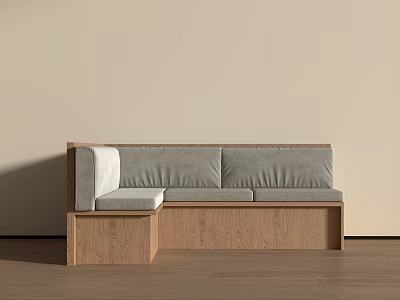 Minimalist Banquette Sofa With Wooden Frame And Gray Cushions Against Beige Wall 3d model