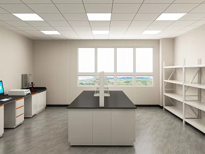Laboratory Interior Featuring Central Lab Bench Large Windows Shelves And Computer Equipment 3d model