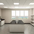 Laboratory Interior Featuring Central Lab Bench Large Windows Shelves And Computer Equipment