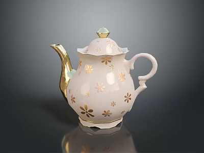 Elegant White Teapot With Gold Floral Patterns And Decorative Lid 3d model