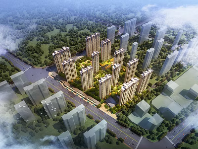 Aerial View Planning of Modern Residential Community With High rise Buildings Green Spaces and Roads 3d model