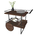 Wooden And Metal Serving Trolley With Plant Vase Plate Wine Bottles And Glasses