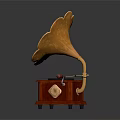 Vintage Gramophone With Golden Ornate Horn And Red Wooden Base Classic Audio Device