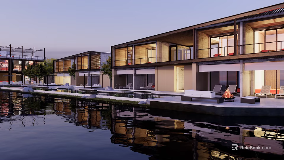 Modern Overwater Villas With Multiple Buildings Terrace Pool And Water Reflection At Dusk 3d model 