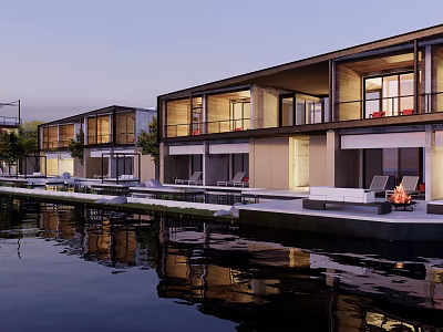 Modern Overwater Villas With Multiple Buildings Terrace Pool And Water Reflection At Dusk 3d model