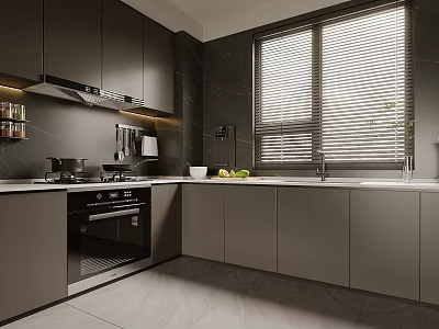 Modern Kitchen With Dark Cabinets Window Blinds White Countertop And Appliances 3d model