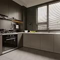 Modern Kitchen With Dark Cabinets Window Blinds White Countertop And Appliances