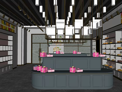 Modern Specialty Store Interior With Hanging Lights Round Counters And Pink Gift Boxes 3d model