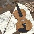 Vintage Violin Setup On Wooden Table With Music Sheets Bow And Checkered Cloth