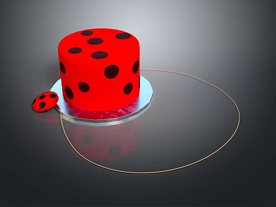 Red Cake With Black Polka Dots And Ladybug Decoration On Silver Tray 3d model
