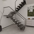 Modern Interior Staircase With Glass Metal Rail Dark Steps And Abstract Painting