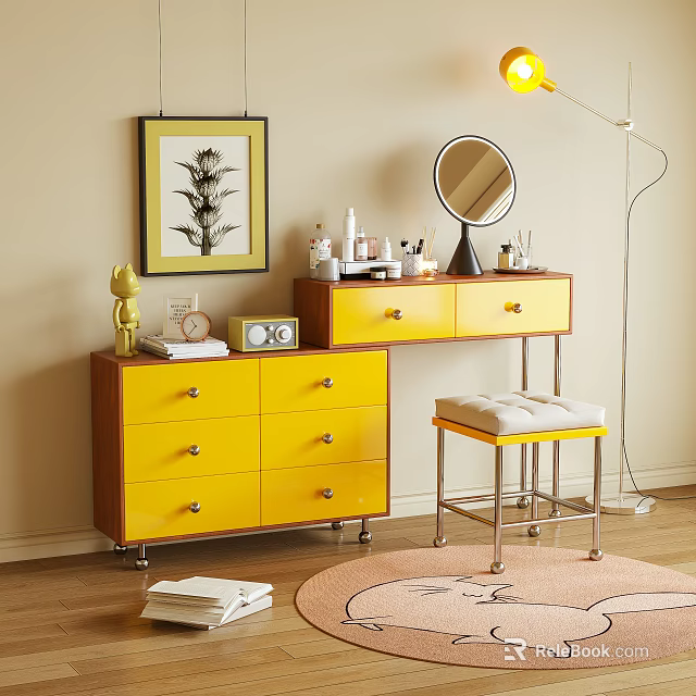 Yellow Dressing Table With Drawers Round Mirror Stool Cosmetics And Floor Lamp 3d model