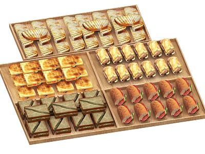 Assorted Fresh Sandwiches and Bread Varieties Neatly Arranged in Wooden Trays 3d model