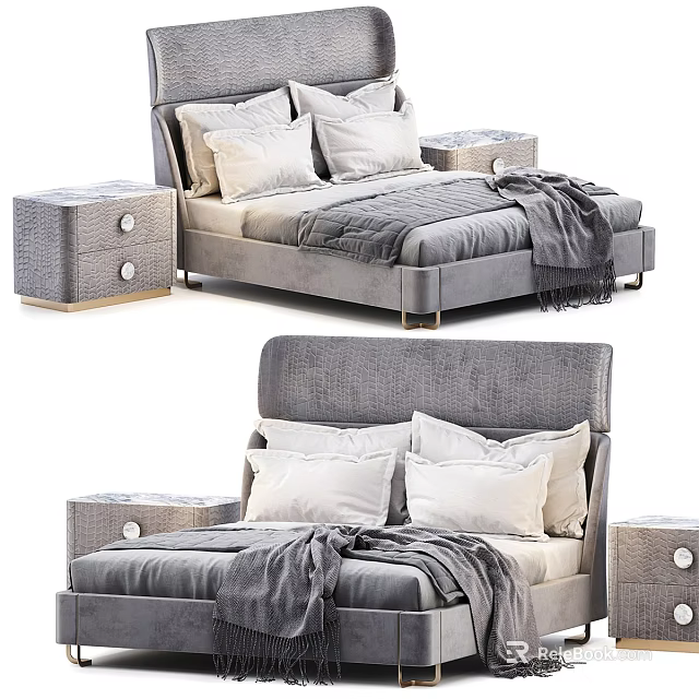 Modern Gray Velvet Double Bed With Tufted Headboard Matching Nightstands Pillows And Cozy Blanket 3d model 