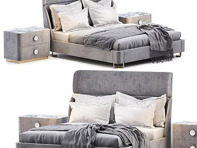 Modern Gray Velvet Double Bed With Tufted Headboard Matching Nightstands Pillows And Cozy Blanket 3d model