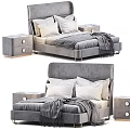 Modern Gray Velvet Double Bed With Tufted Headboard Matching Nightstands Pillows And Cozy Blanket