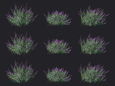 Multiple Shrubs With Green Leaves And Purple Flowers On Black Background 3d model