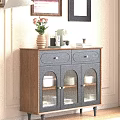 Wooden Sideboard With Drawers Glass Doors And Vase Coffee Machine On Top