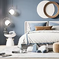 Kids Bedroom Interior With Blue Walls Round Mirror Bed Desk Chair Rug And Toys