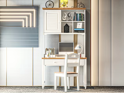 Modern Study Room Interior With Desk Chair Bookshelf Books Vases Clock And LED Wall Lights 3d model