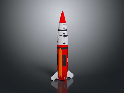 Red White And Orange Rocket Model With Pointed Nose And Tail Fins 3d model
