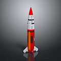 Red White And Orange Rocket Model With Pointed Nose And Tail Fins